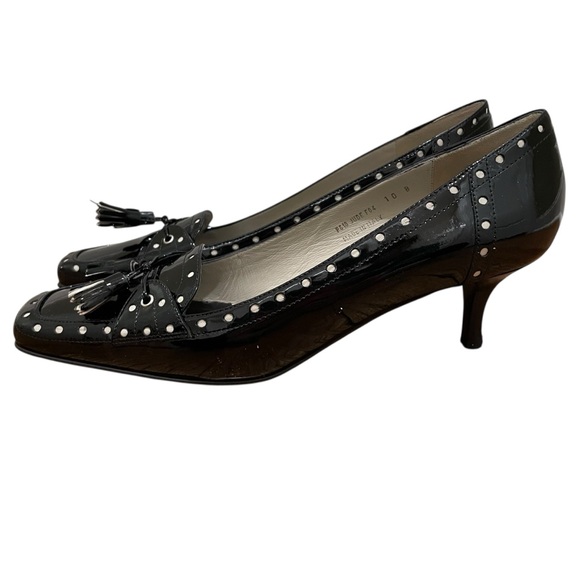 Coach Shoes - Coach Jude Patent Leather Black Parchment Studded Tassel Kitten Heels Women 10